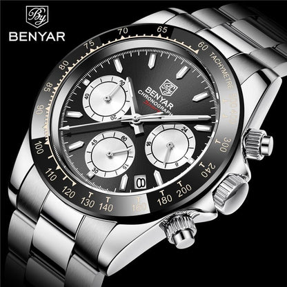 Benyar chronograph watch with stainless steel strap, black dial, silver subdials on Tampa Home & Garden Store