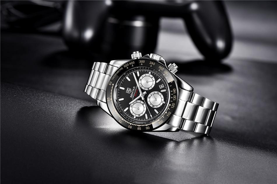 Stevvex luxury men's watch stainless steel bracelet black chronograph dial tachymeter bezel on Tampa Home & Garden Store