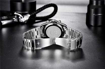 Stevvex luxury mens watch with full stainless steel strap and back view showing engraved case on Tampa Home & Garden Store