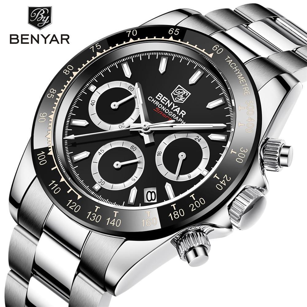 Benyar men's stainless steel chronograph watch with black dial and tachymeter bezel on Tampa Home & Garden Store
