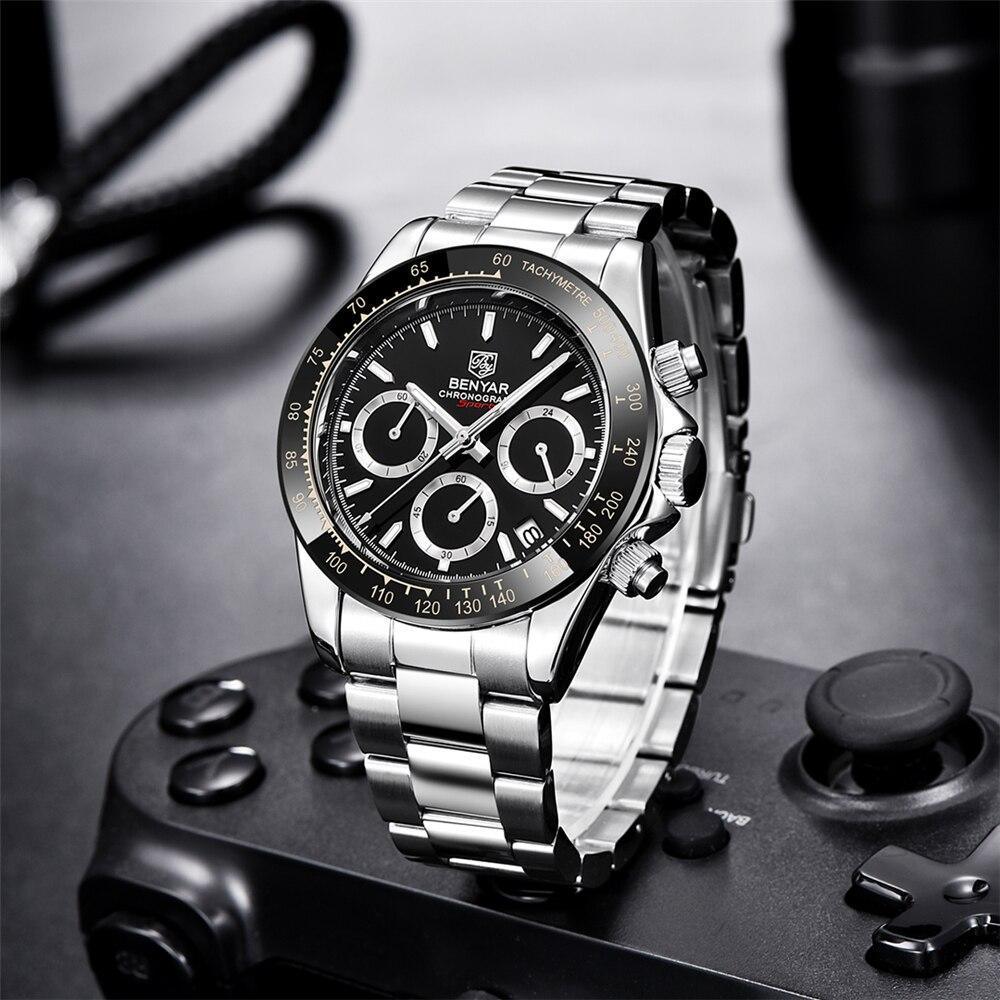 Benyar chronograph men's stainless steel watch with black dial and tachymeter bezel on Tampa Home & Garden Store