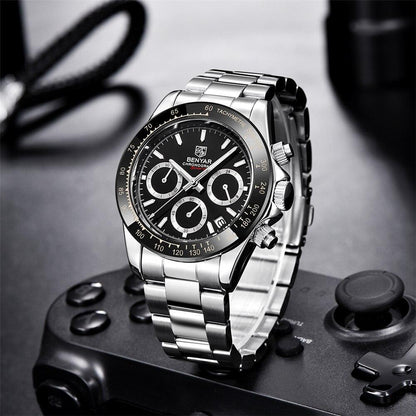 Benyar chronograph men's stainless steel watch with black dial and tachymeter bezel on Tampa Home & Garden Store