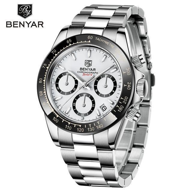 BENYAR stainless steel men's chronograph watch with white dial, black bezel, date window on Tampa Home & Garden Store