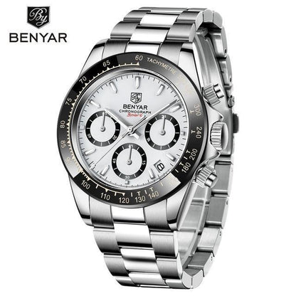 BENYAR stainless steel men's chronograph watch with white dial, black bezel, date window on Tampa Home & Garden Store