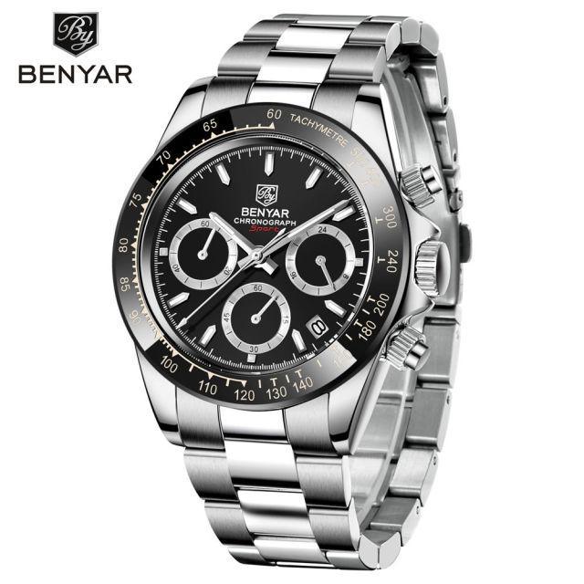 Benyar stainless steel chronograph men's watch with black dial, 3 subdials, date on Tampa Home & Garden Store