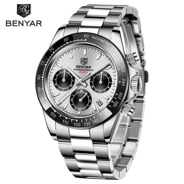 Benyar stainless steel men's chronograph watch with tachymeter bezel and silver dial on Tampa Home & Garden Store