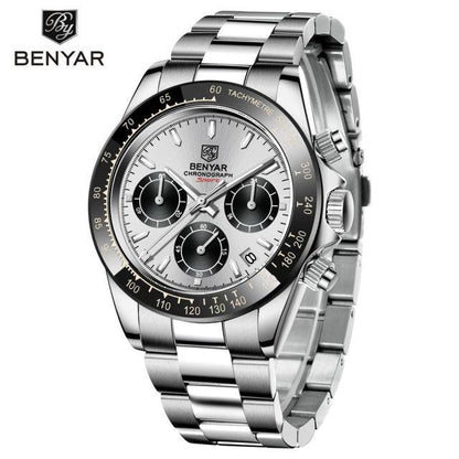 Benyar stainless steel men's chronograph watch with tachymeter bezel and silver dial on Tampa Home & Garden Store