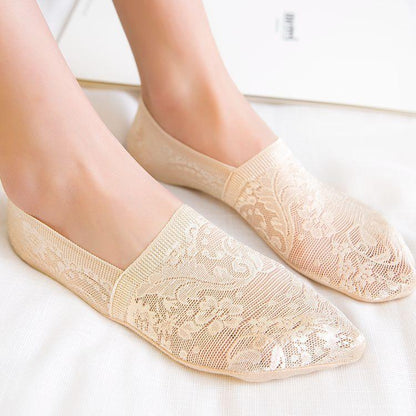 Stevvex beige lace floral ankle socks for women, short no-show antiskid style on Tampa Home & Garden Store