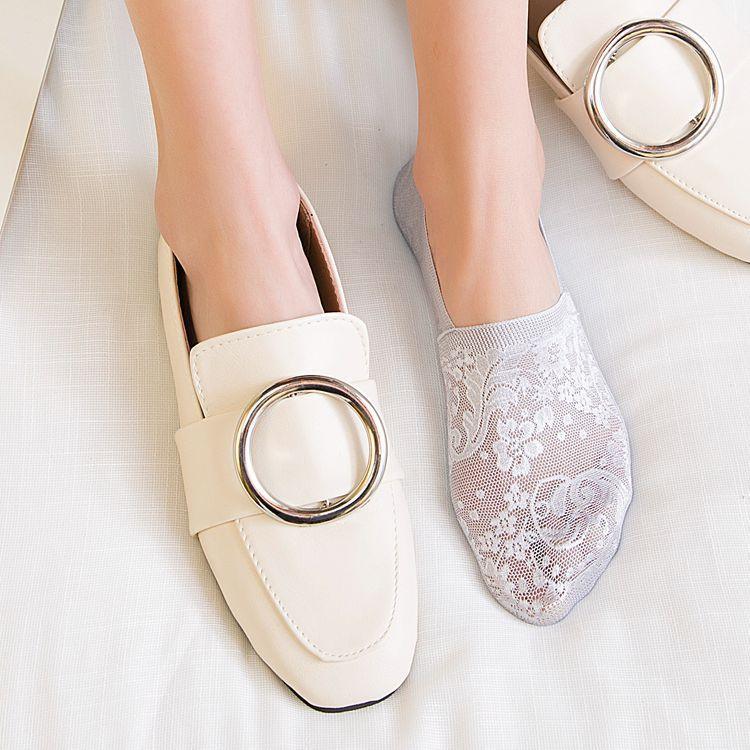 Stevvex lace flower short ankle socks in gray lace paired with white loafers and large buckle on Tampa Home & Garden Store