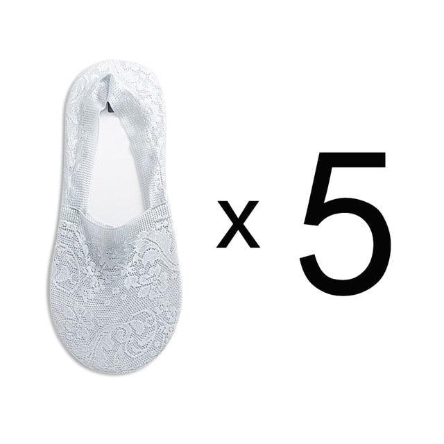 Stevvex white lace flower ankle socks, short design, anti-slip, 5 pairs on Tampa Home & Garden Store