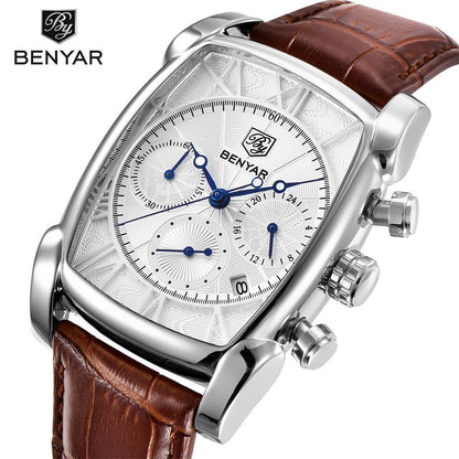 Benyar rectangular chronograph watch with silver-tone case and brown leather strap on Tampa Home & Garden Store
