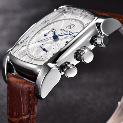 Stevvex rectangle waterproof watch with silver case, brown leather strap, blue hands on Tampa Home & Garden Store