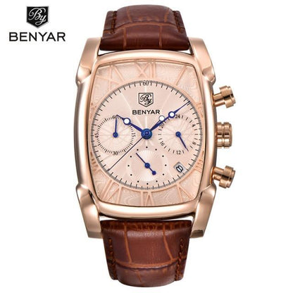 BENYAR Classic Rectangle Waterproof Watch with rose-gold case, brown leather strap, blue hands on Tampa Home & Garden Store