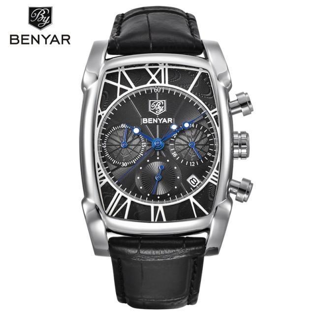 Benyar chronograph watch with black skeleton dial, blue hands, steel case, leather strap on Tampa Home & Garden Store