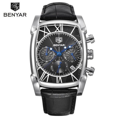 Benyar chronograph watch with black skeleton dial, blue hands, steel case, leather strap on Tampa Home & Garden Store