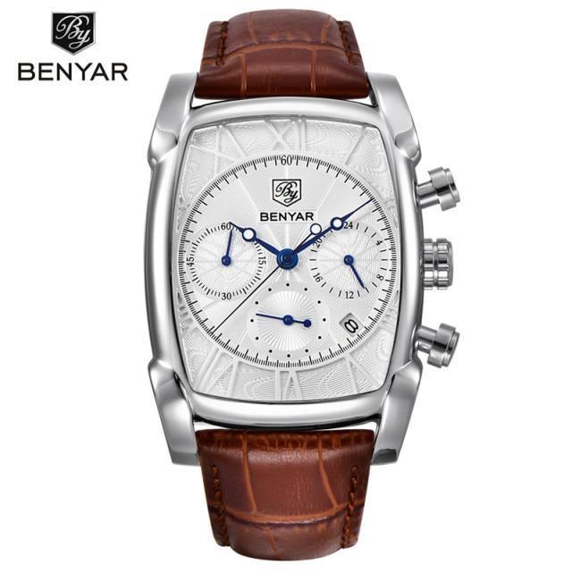 Benyar men's rectangular chronograph watch with silver case blue hands brown leather strap on Tampa Home & Garden Store