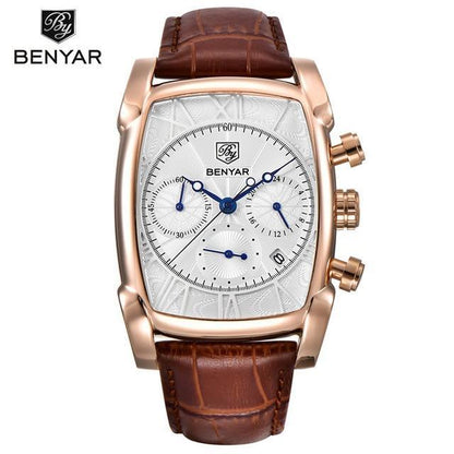 Benyar rectangular chronograph watch with white dial, blue hands, brown leather strap on Tampa Home & Garden Store