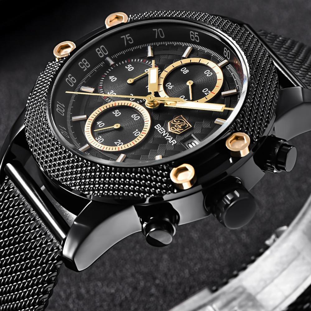 Stevvex sport chronograph luxury men's watch with black mesh band and gold-tone accents on Tampa Home & Garden Store