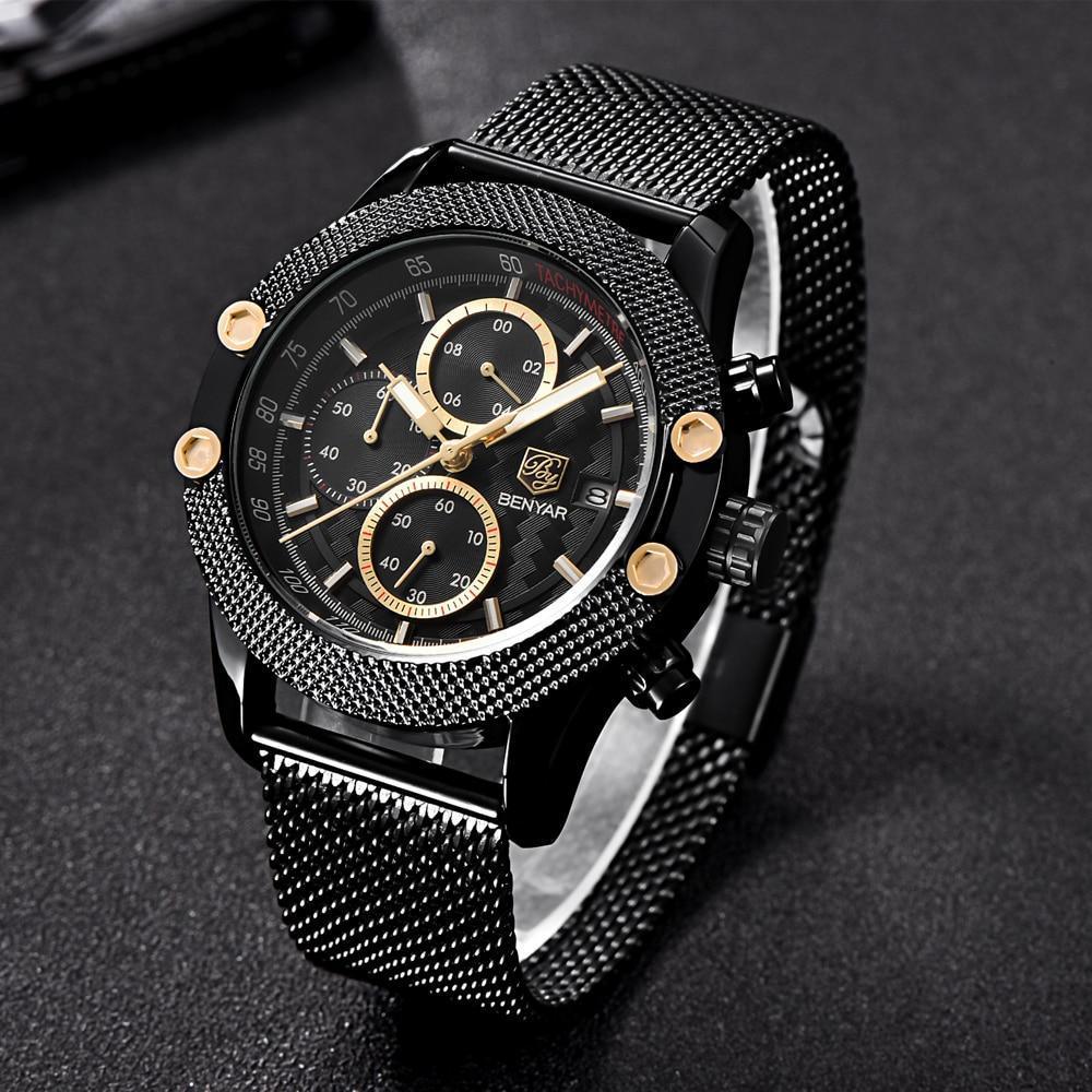 Stevvex ST485HMT48 luxury sport chronograph watch with black dial, gold subdials, mesh band on Tampa Home & Garden Store