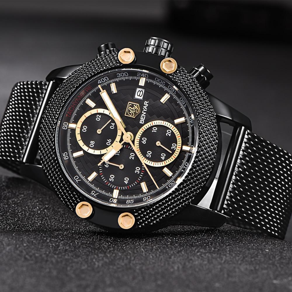 Sport Chronograph Luxury Men's Watch Stevvex with black mesh band and gold-tone accents on Tampa Home & Garden Store