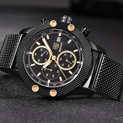 Sport Chronograph Luxury Men's Watch Stevvex with black mesh band and gold-tone accents on Tampa Home & Garden Store