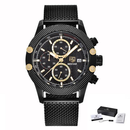 Sport chronograph men’s watch Benyar with black mesh band, gold-tone accents, waterproof quartz on Tampa Home & Garden Store