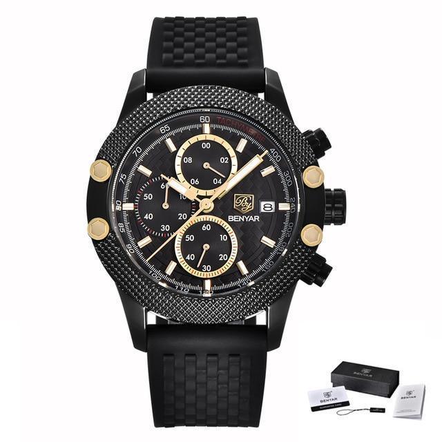 Men's chronograph watch ST485HMT48 with BENYAR branding, black mesh/rubber strap and gold bezel on Tampa Home & Garden Store