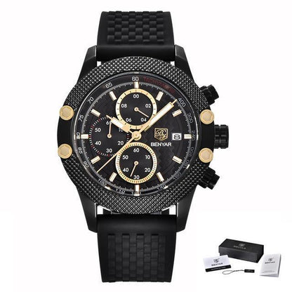 Men's chronograph watch ST485HMT48 with BENYAR branding, black mesh/rubber strap and gold bezel on Tampa Home & Garden Store