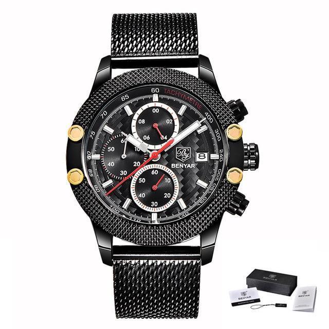 Stevvex sport chronograph luxury men's watch black mesh band with gold-tone bezel and tachymeter on Tampa Home & Garden Store
