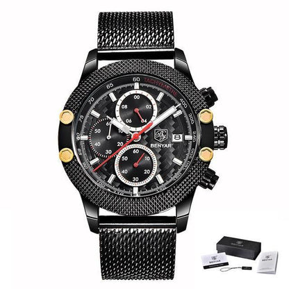Stevvex sport chronograph luxury men's watch black mesh band with gold-tone bezel and tachymeter on Tampa Home & Garden Store