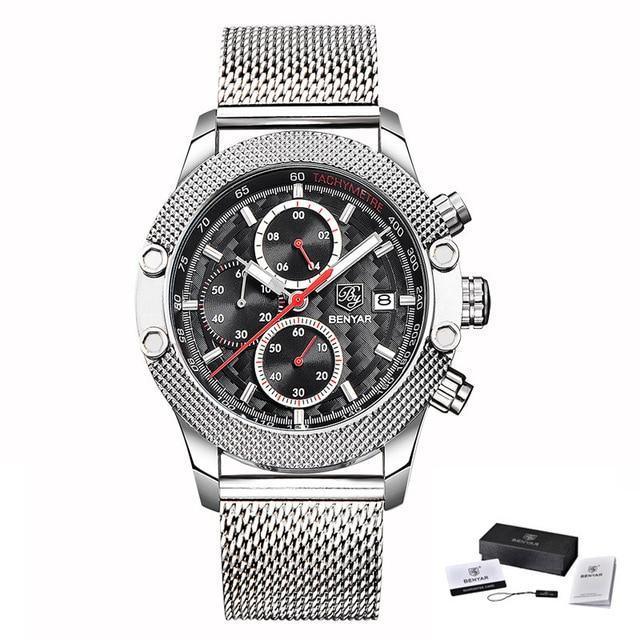 BENYAR men's stainless steel chronograph watch with silver mesh band and black dial on Tampa Home & Garden Store