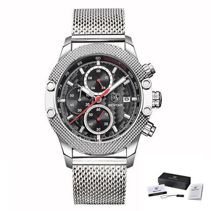 BENYAR men's stainless steel chronograph watch with silver mesh band and black dial on Tampa Home & Garden Store