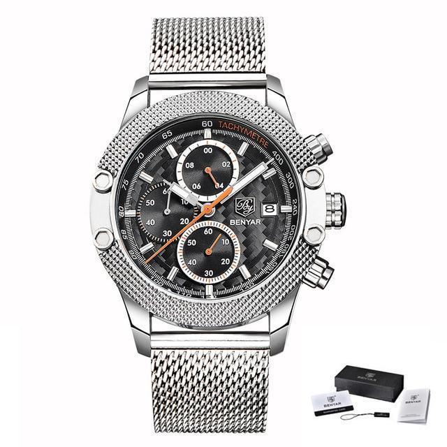 Sport chronograph luxury men's watch with silver mesh band, black dial, three subdials Benyar on Tampa Home & Garden Store