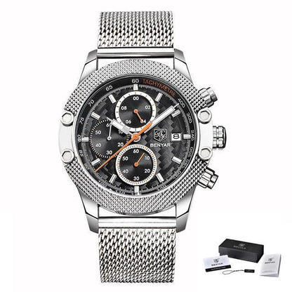 Sport chronograph luxury men's watch with silver mesh band, black dial, three subdials Benyar on Tampa Home & Garden Store