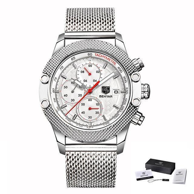 Benyar sport chronograph men's watch with stainless steel mesh band and tachymeter on Tampa Home & Garden Store