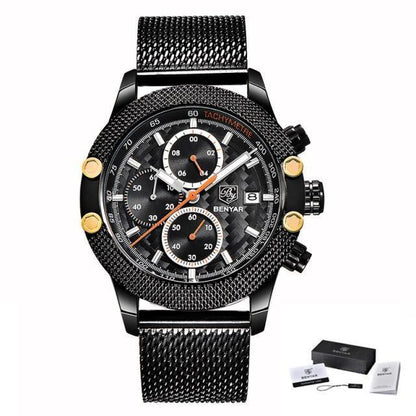 Sport chronograph men's watch with black mesh band, gold-tone accents and tachymeter BENYAR on Tampa Home & Garden Store
