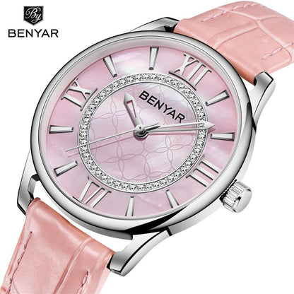 Benyar pink dial women's luxury quartz watch with rhinestone bezel and pink leather strap on Tampa Home & Garden Store