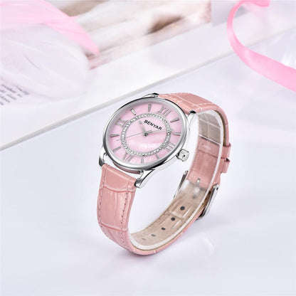 Stevvex pink luxury womens watch ST342GRLLUX5 with rhinestone bezel and pink leather strap on Tampa Home & Garden Store