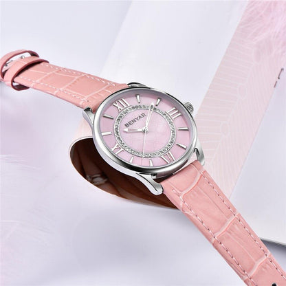 Womens pink leather strap watch by Benyar with crystal bezel and numerals quartz waterproof on Tampa Home & Garden Store