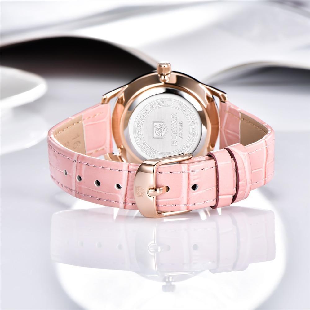 Women's pink leather strap watch with rose-gold case and analog quartz BENYAR back engraving on Tampa Home & Garden Store