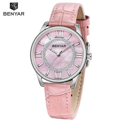 BENYAR pink dial women's analog watch with crystal ring, silver case and pink leather strap on Tampa Home & Garden Store
