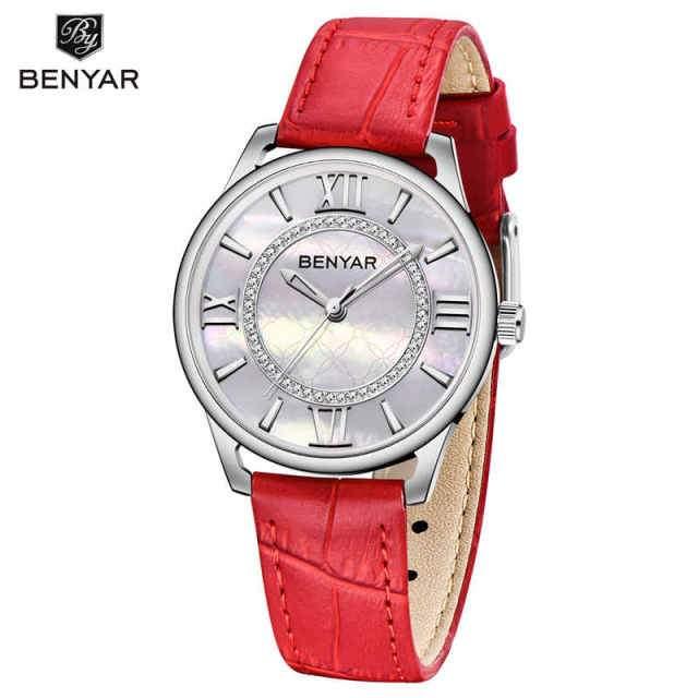 Womens watch Benyar ST342GRLLUX5 with red leather strap, silver case, crystal bezel on Tampa Home & Garden Store