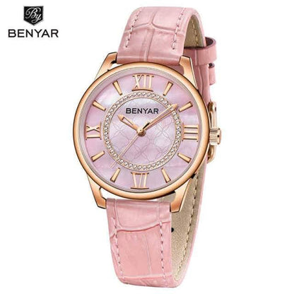 Benyar women's pink leather strap watch with pink dial, rose gold case and rhinestones on Tampa Home & Garden Store