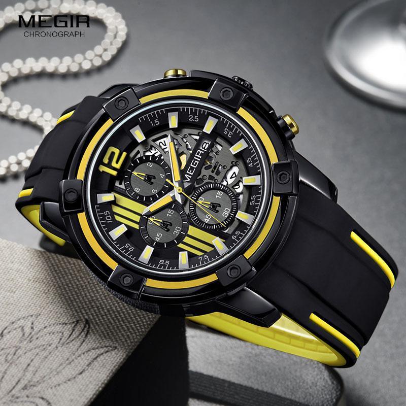 Megir chronograph men's wristwatch with black silicone strap, yellow accents, skeleton dial on Tampa Home & Garden Store