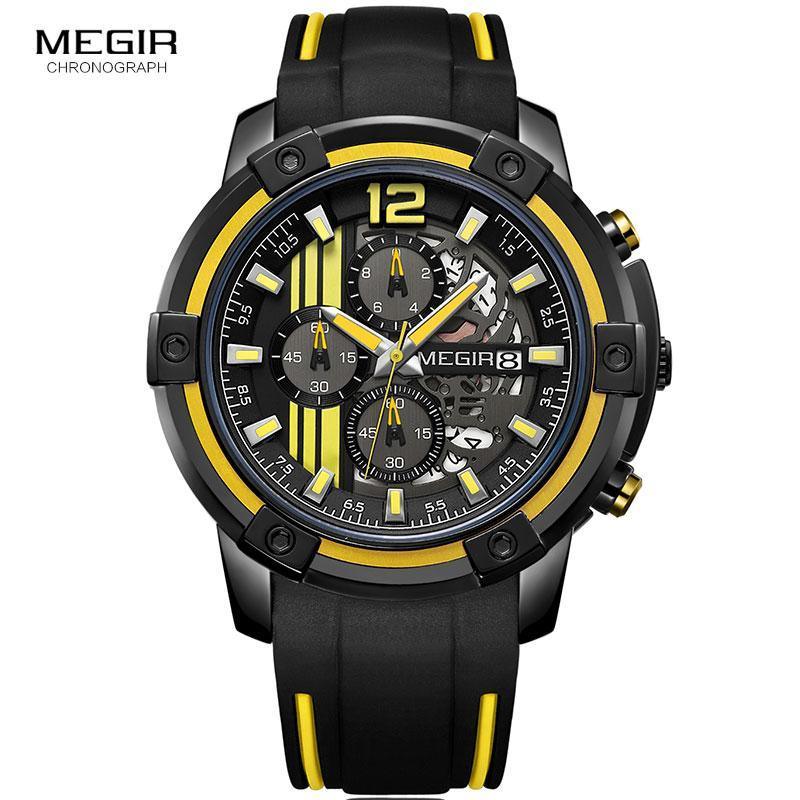 Megir chronograph men's black yellow sports watch with silicone strap and luminous hands on Tampa Home & Garden Store