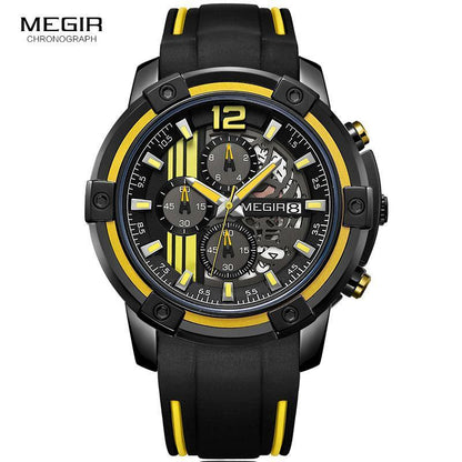 Megir chronograph men's black yellow sports watch with silicone strap and luminous hands on Tampa Home & Garden Store