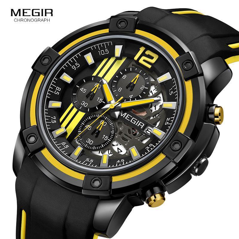 MEGIR chronograph men's watch with black skeleton dial, yellow accents, and silicone strap on Tampa Home & Garden Store