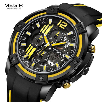 MEGIR chronograph men's watch with black skeleton dial, yellow accents, and silicone strap on Tampa Home & Garden Store
