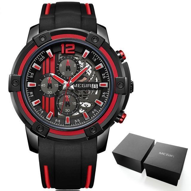Men's black quartz sport watch with red accents, silicone strap, luminous hands MEGIR on Tampa Home & Garden Store