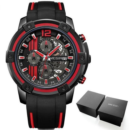 Men's black quartz sport watch with red accents, silicone strap, luminous hands MEGIR on Tampa Home & Garden Store